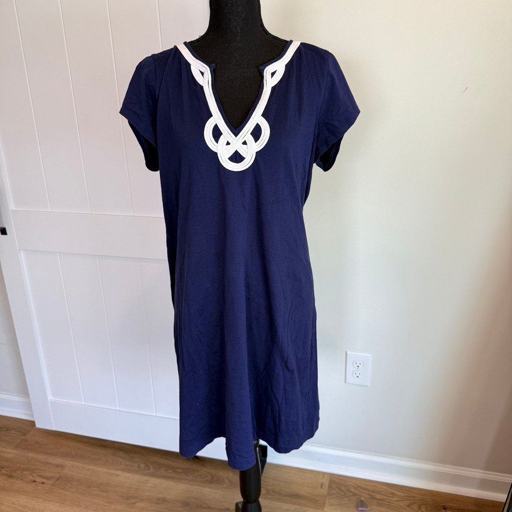 Lilly Pulitzer Navy Blue Pima Cotton T-Shirt Dress XL White Rope Embroidery
